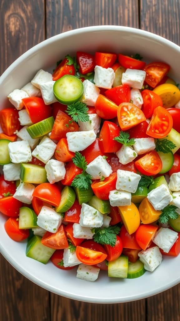A vibrant Mediterranean feta salad with tomatoes, cucumbers, bell peppers, and feta cheese on a wooden table.